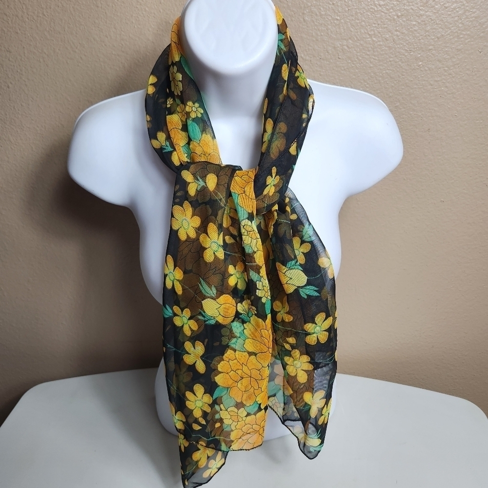 Vintage Sheer Rectangle Black, Orange Marigold Scarf-17"Wx58"L